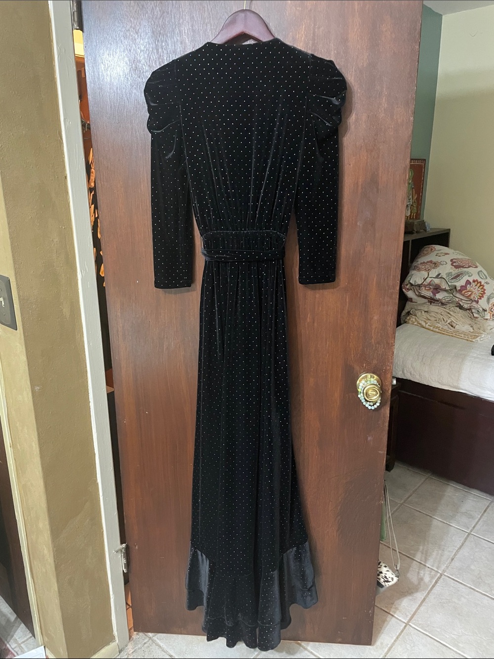 retro fat puff shoulder, black velvet, studded ruffled wrap dress - Picture 6 of 9